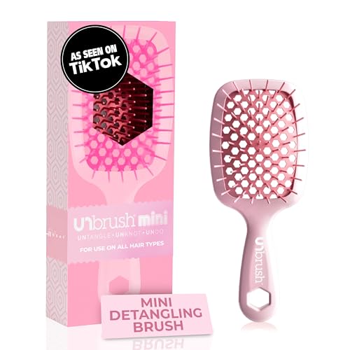 FHI Heat UNbrush Mini Detangler Brush for Pain-Free Brushing on All Wet or Dry Hair Types — Durable Duoflex Anti-Static Bristles, Lightweight Handle, Vented Mini Hair Brush, Peony Light Pink