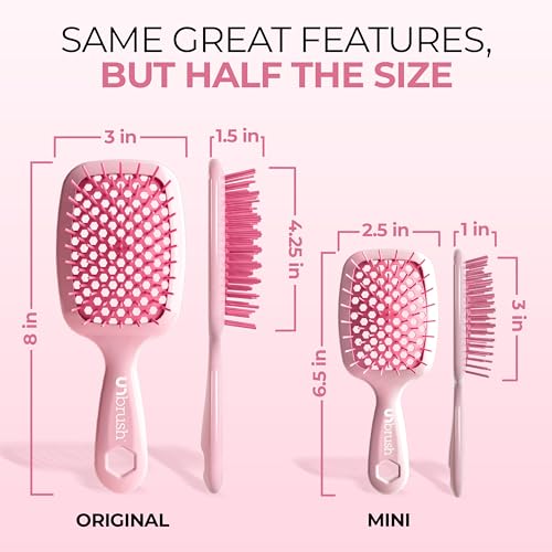 FHI Heat UNbrush Mini Detangler Brush for Pain-Free Brushing on All Wet or Dry Hair Types — Durable Duoflex Anti-Static Bristles, Lightweight Handle, Vented Mini Hair Brush, Peony Light Pink