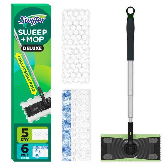 Swiffer Sweep & Mop Deluxe 2-in-1 Floor Mopping and Sweeping Kit, Multi-Surface Kit for Floor Cleaning, Includes 1 Sweeper Device, 5 Heavy Duty Dry Sweeping Cloths, 6 Heavy Duty Wet Mopping Cloths